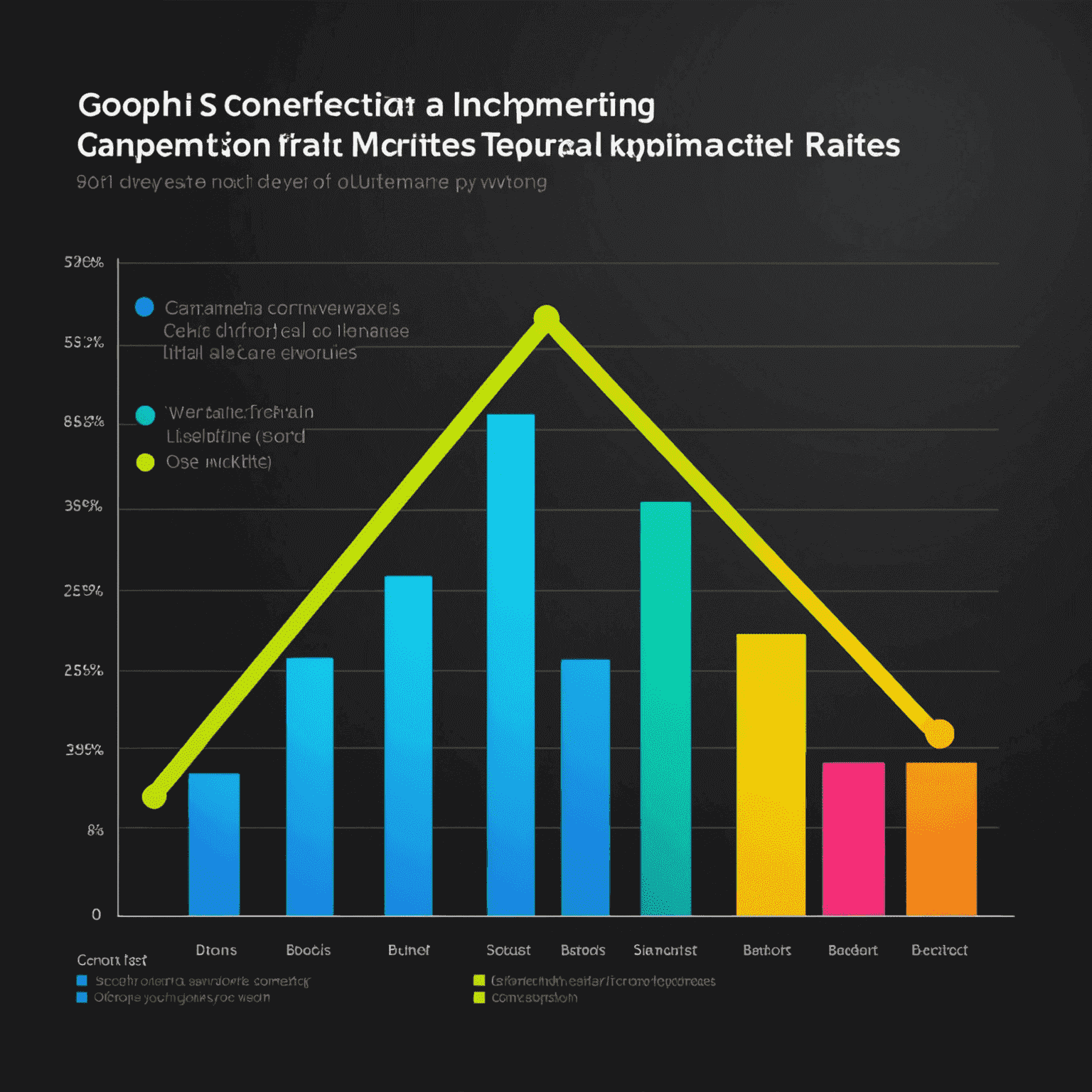 Gráfico que muestra el aumento en las tasas de conversión después de implementar técnicas de escritura UX, con líneas de tendencia en colores neón sobre un fondo oscuro