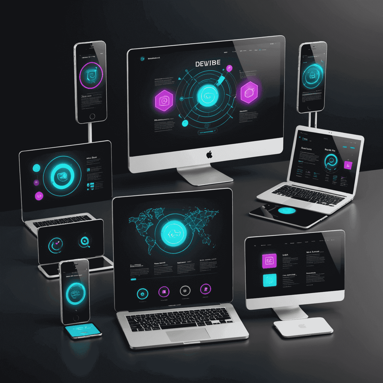 Imagen que muestra un diseño web adaptándose a diferentes dispositivos, desde móviles hasta desktops, con elementos de interfaz neón